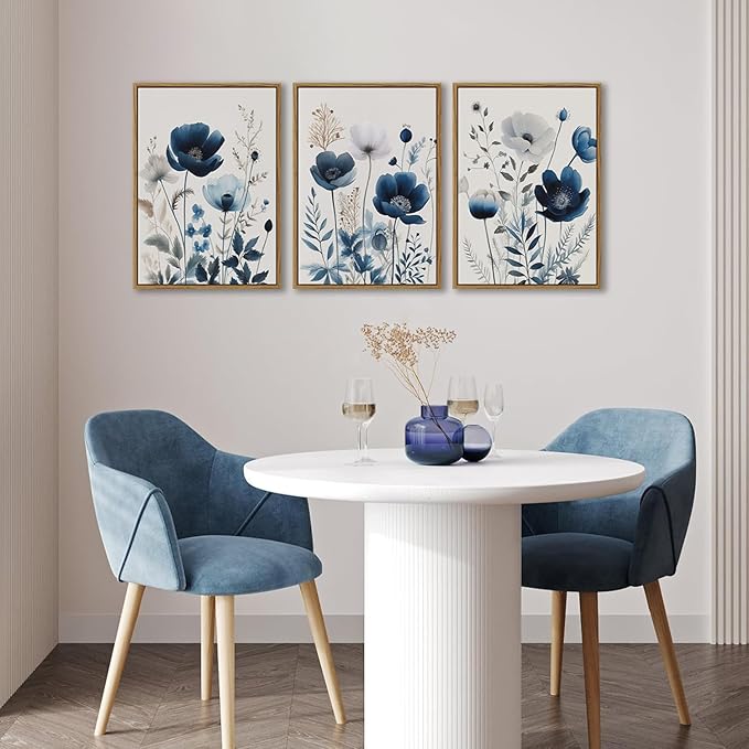 BingruiArt Navy Blue Wall Art Canvas Abstract Floral Painting Blue and Gray Posters Watercolor Flower Decor Wildflower Pictures Botanical Prints for Living Room Bedroom Bathroom 3 Pcs 16"x24" Natural Framed