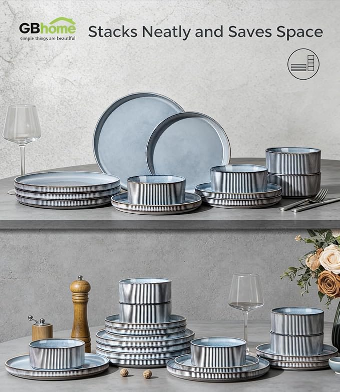 GBHOME 12-Piece Stoneware Dinnerware Set for 4 – Ribbed Ceramic Plates and Bowls, Scratch-Resistant, Microwave & Dishwasher Safe, Reactive Glaze, Deep Tidal Blue