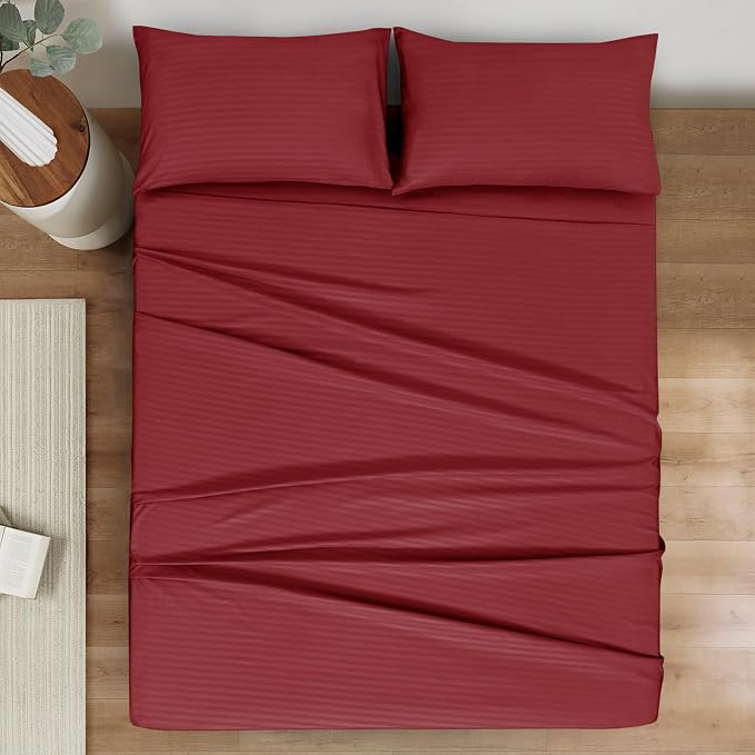 Mejoroom Striped Full Size Sheets – Extra Soft Full Size Bed Sheets - 16inches deep Pocket Full Sheet Set, Breathable, Wrinkle, Fade and Stain Resistant - 4 Piece (Burgundy)