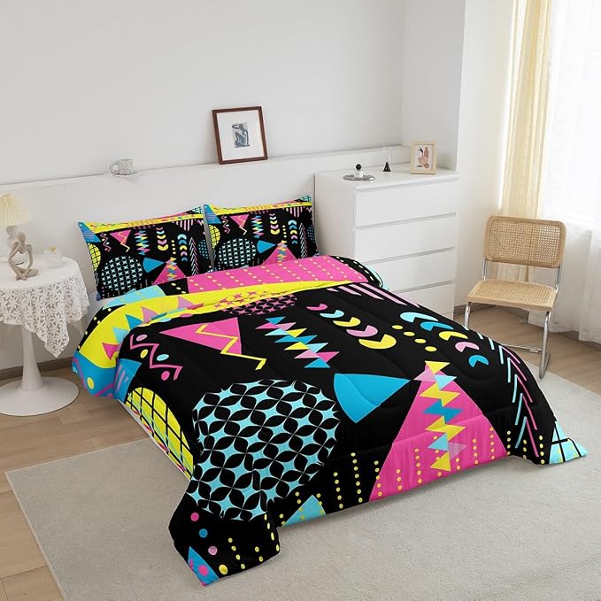 Manfei Memphis Comforter Set Full Size, Retro 80s 90s Fashion Style Bedding Set 3pcs for Kids Boys Girls, Colorful Geometric Abstract Quilt Set Soft Polyester Duvet Set with 2 Pillowcases