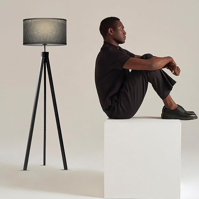 Brightech Eden Tripod LED Floor Lamp – Mid Century Dimmable Modern Light for Contemporary Living Rooms - Tall Free Standing Lamp with Solid Wood Legs for Bedroom, Office - Classic Black