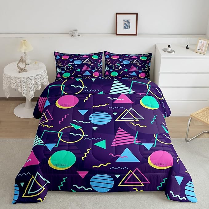 Manfei Memphis Comforter Set King Size, Retro 80s or 90s Fashion Style Bedding Set 3pcs for Kids Boys Girls, Geometric Triangle Circle Quilt Set Soft Polyester Duvet Set with 2 Pillowcases