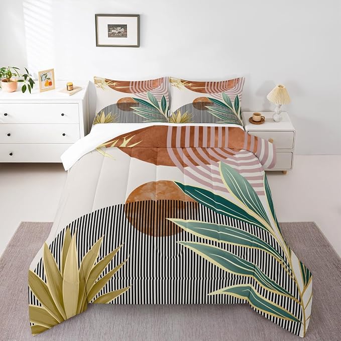 Erosebridal Boho Mid Century Comforter Set Queen Vintage Bedding Set for Boys Girls,Abstarct Retro Stripes Down Comforter Modern Minimalist Simplistic Duvet Insert,Brown Room Decor
