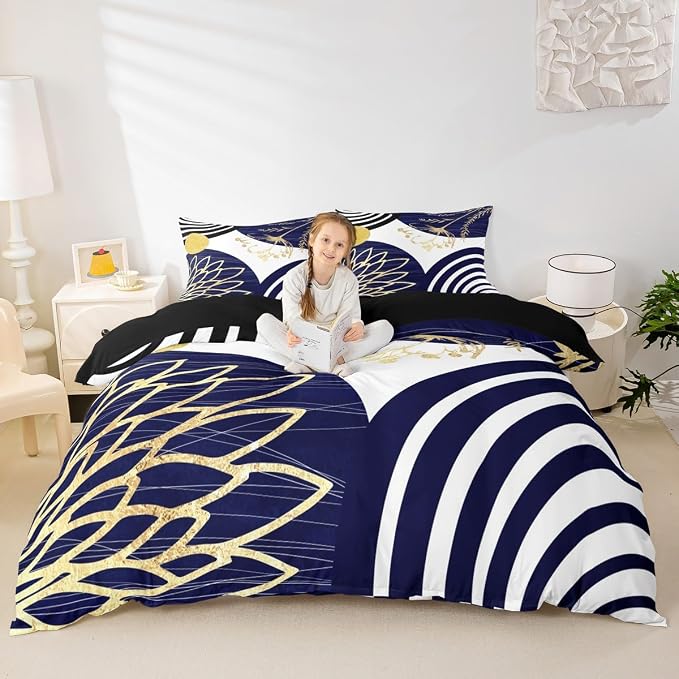 Erosebridal Navy Blue Boho Modern Twin Comforter Cover for Women Men Adults - Mid Century Abstract Duvet Cover Bohemian Geometric Bed Set Chic Contemporary Stripes Bedding Set