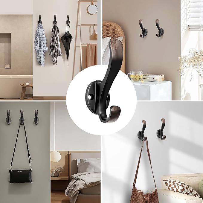Heavy Duty Wall Hooks, Black, Metal Mounting Hardware, 6-Pack, Double Prong Design, Decorative Coat Hangers with Screws, Anchors (12, Vintage)