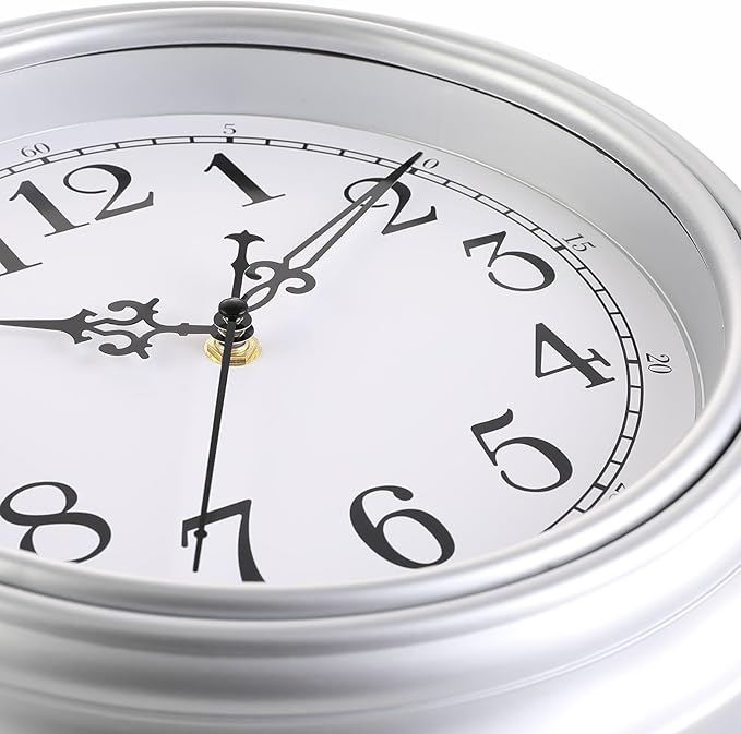 Plumeet Retro Wall Clock, 12'' Non Ticking Classic Silent Vintage Wall Clocks Decorative Kitchen Living Room Bedroom - Battery Operated, Silver