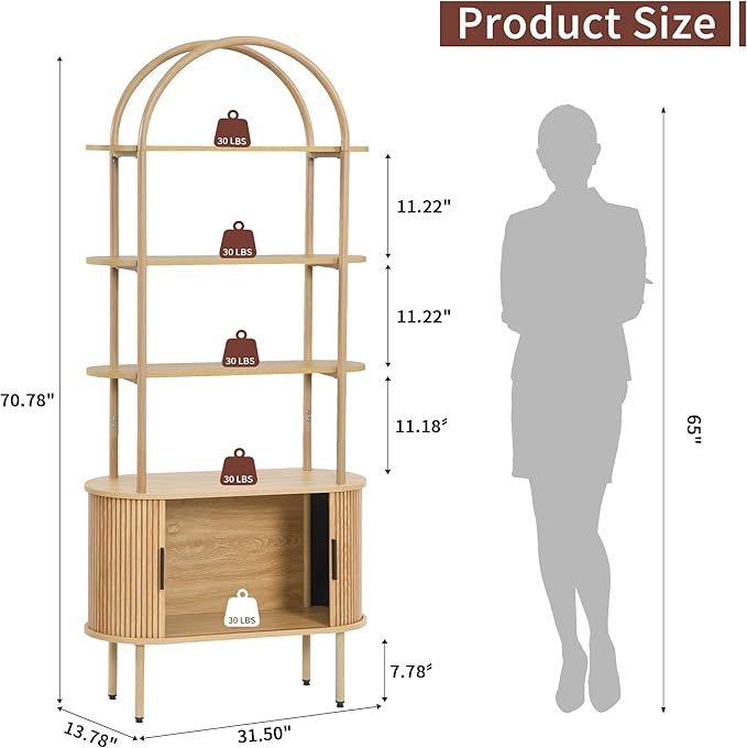 71" Tall Fluted Arched Bookshelf with Sliding Tambour Doors, Mid Century Modern Metal Curved Bookshelf Cabinet with Storage, 4-Tier Open Display Storage Shelf for Home Office, Living Room (Natural)