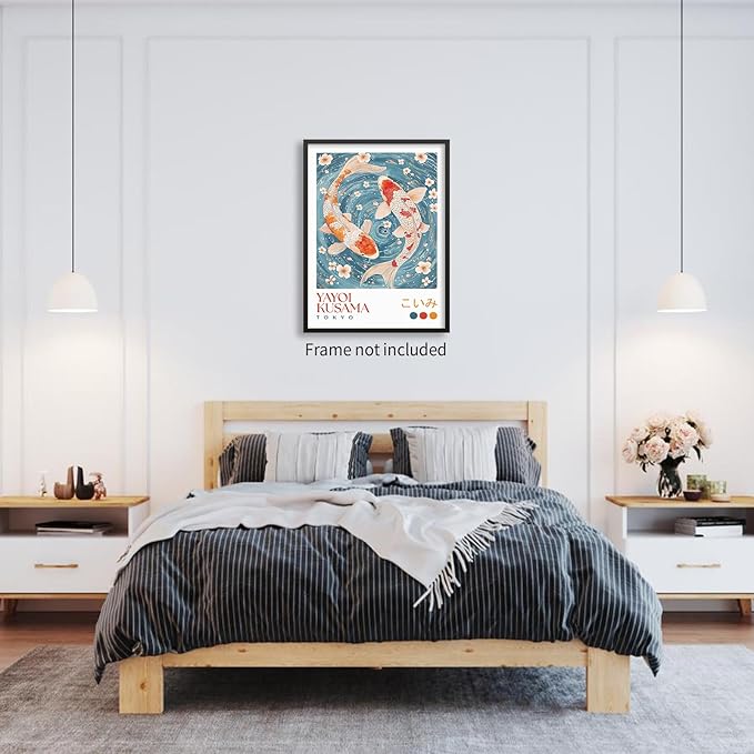 EOLRCIG Light Blue Koi Fish Wall Art Japanese Yayoi Kusama Canvas Poster Modern Vintage Animal Aesthetic Paintings for Living Room Bedroom Dorm Wall Decor 12X16 inch Unframed