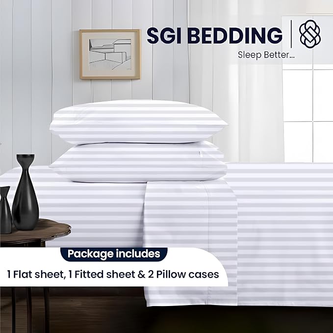 SGI bedding RV Short Queen Sheet Set 60x75, 600 TC Egyptian Cotton, 4 Piece Luxury Hotel Collection, Ultra Soft & Breathable, Fits RV Mattress Camper & Trailer, 15 Inch Pocket, White Stripe