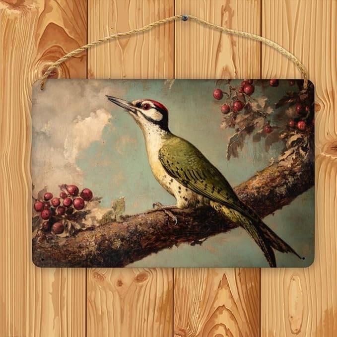 Retro Woodpecker on Berry branches Wooden Sign 12x8 Inch, Nature Art for Country-Inspired Homes, Living Room Highlight, Great Gift for Bird Collector Fans & Nature Enthusiasts