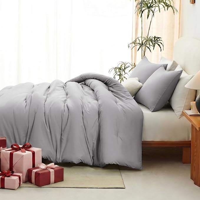 CozyLux King Size Comforter Set Grey, 3 Pieces Lightweight Down Alternative Quilted Bedding Sets, Gray All Season Soft Breathable Solid Comforter with 2 Pillowcases, Luxury Bed Set Gift for Home