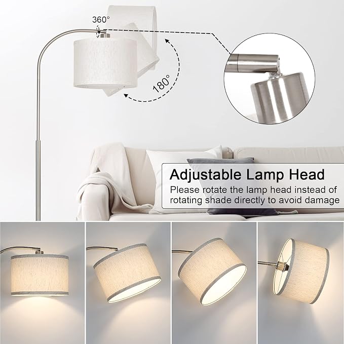 Arc Floor Lamp, Dimmable Floor Lamp for Living Room, Standing Lamp with Adjustable Drum Shade, Tall Pole Lamp for Bedroom Study Room Office, 9W 3000K LED Bulb Included