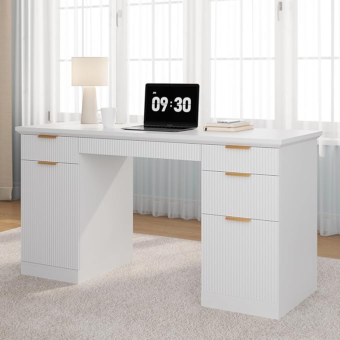 FURSUN 58" Fluted Modern Desk with Storage, Home Office Desk with 1 File Cabinet & 5 Drawers, Wood Executive Computer Writing Desk for Study, Living Room, Bedroom, White