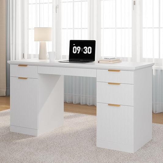 FURSUN 58" Fluted Modern Desk with Storage, Home Office Desk with 1 File Cabinet & 5 Drawers, Wood Executive Computer Writing Desk for Study, Living Room, Bedroom, White