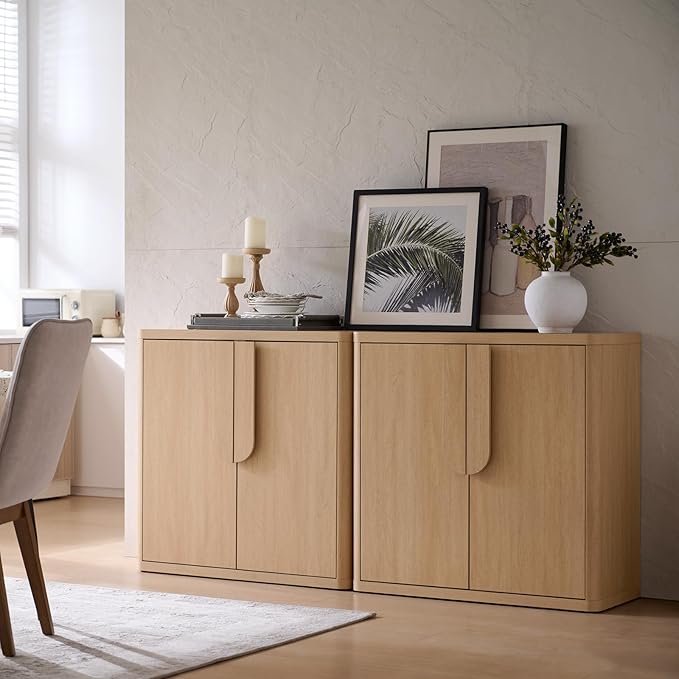 69'' Sideboard Buffet Cabinet W/Storage, Modern Accent Cabinets W/Curved Handles & Adjustable Shelves, 4 Doors Coffee Bar Buffet Table Credenza for Living Room Kitchen Hallway, Natural Oak