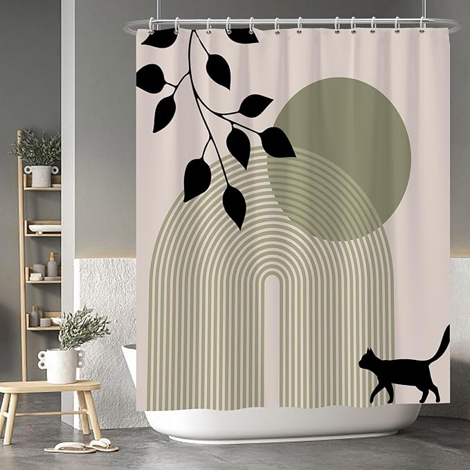 Baocicoo Minimalist Boho Shower Curtain Mid Century Silhouette Cat Botanical Shower Curtain for Bathroom Home Bathtub Living Room Decor Fabric Waterproof Curtain for Bathroom with Hooks 60x72 Inches