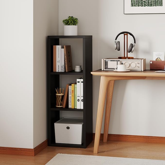IRONMIX Metal 3 Cube Storage Organizer, Short Black Bookshelf with Storage Cabinet, Narrow Nightstands, Modern Cube Storage Shelf Slim Bedside Table for Small Places, Living Room, 15 min Assembly