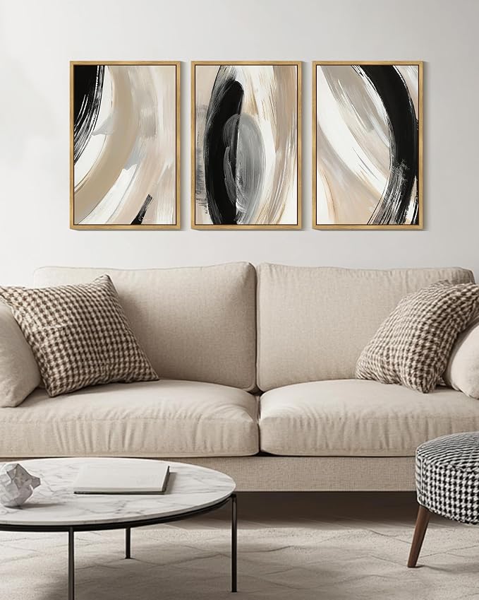KUVIOKE Black Abstract Framed Wall Art Neutral Minimalist Graffiti Pastel Wall Decor Modern Illustration Art Painting for Bedroom Dining Room 16x24in (Natural Framed)