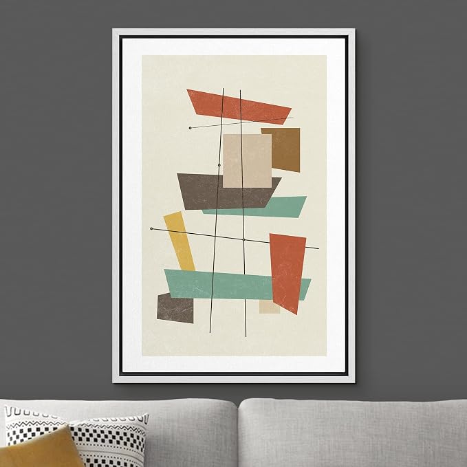 Woodrose Framed Canvas Print Wall Art Geometric Vintage Colorful Block Abstract Shapes Illustrations Modern Minimalist Chic Relax/Calm Multicolor for Living Room, Bedroom, Office - 16"x24" White