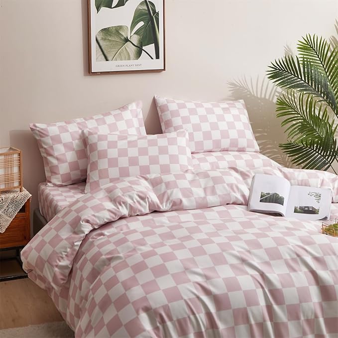 Pureant Pink White Plaid Comforter Sets King Women Men Bean Pink and White Checkerboard Grid Bedding Comforters Cotton Boys Girls Modern Dusty Pink Checkered Geometric Quilts Luxury Abstract Bed