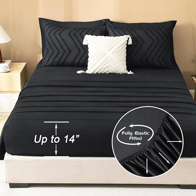 Litanika Super King Size Comforter Set with Sheets Black - 7 Pieces Bed in a Bag Oversized King Boho Tufted Complete Bedding Sets with Comforter, Sheets, Pillowcases & Shams