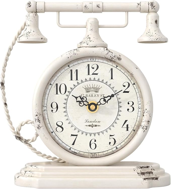 Vintage Table Clock, Desk and Shelf Decor Clock, White Antique Telephone Style Mantel Clocks, for Living Room, Farmhouse, Bedroom, Bedside, Gift (7.3" H x 7.3" W)