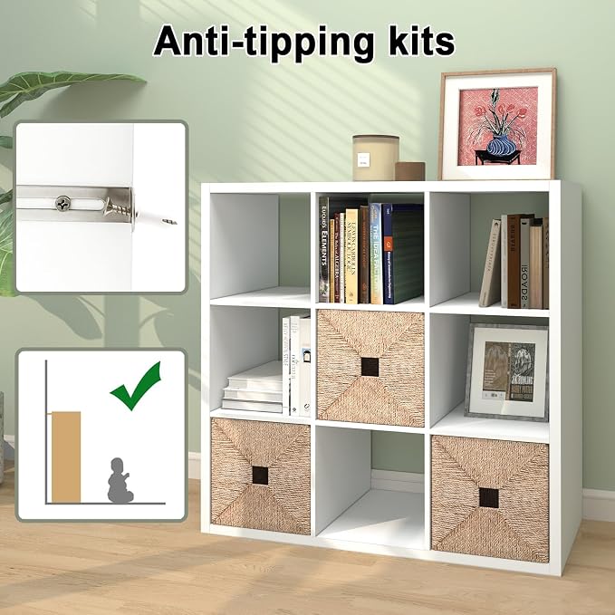 CTESNE【2026 Wooden Thick Frame 9 Cube Storage Organizer Shelf with Anti-Tipping Kits + Reversible Open Back Bookcase, Horizontal and Vertical Dual-use（White,11inch）