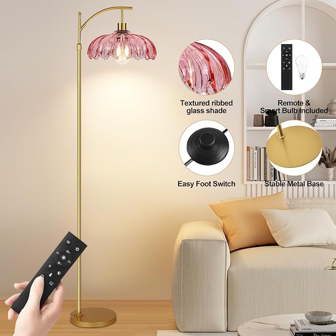 QIYIZM Pink Floor Lamp for Living Room,Bedroom,Gold Dimmable Standing Lamp with Remote,Mid Century Modern Brass Tall Lamp Boho Floor Lamps Arc Stained Glass Flower Floor Light Lamp Girls kids Bohemian