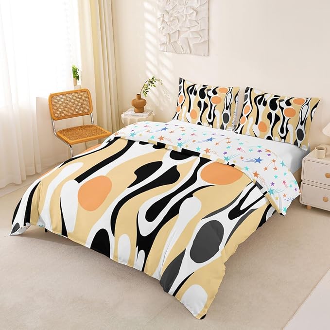 Erosebridal Organic Abstract Duvet Cover Set Modern Contemporary Twin Bedding Sets for Girls Tween Boys Boho Mid Century Wavy Lines Comforter Cover Retro Geometric Bed Set,Light Beige Peach