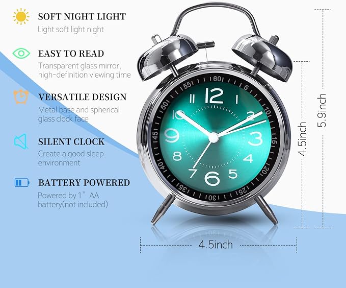Tetino Super Loud Alarm Clock for Heavy Sleepers,4 inches Twin Bell Alarm Clock with Backlight,Battery Operated,Silent Non Ticking,for Kids,Adults,Bedrooms,Retro Decor Desk Analog Clocks. (Green)