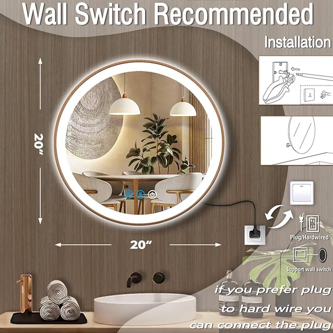 Wood Frame Round LED Bathroom Mirror With Lights 20 Inch, Lighted Vanity Wall Mirror, 3 Color Dimmable Anti-Fog Smart Circle Mirror