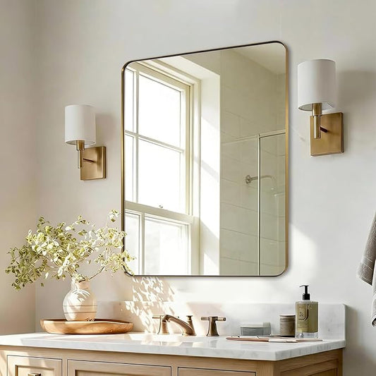 ANDY STAR Gold Bathroom Mirrors for Over Sink, 24x32 Inch Brushed Gold Wall Mirror, Rectangular Metal Framed Vanity Mirror -Modern Clean Design with Superior Stainless Steel Frame