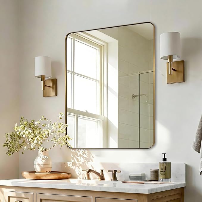 ANDY STAR Gold Bathroom Mirror for Wall, 20x28” Brushed Brass Metal Rounded Corner Rectangle Mirror, Wall Mirror in Stainless Steel Metal Frame, 1" Deep Set Design Hangs Horizontal Or Vertical