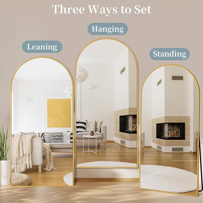 Full Length Mirror with Stand, 82"x44" Arched Full Body Mirror, Large Stand Up Mirrors, Aluminum Frame Floor Standing Mirrors, Freestanding Hanging Leaning Mounted for Bedroom Living Room Gold