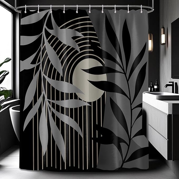 Boho Black and Grey Shower Curtain, Mid Century Modern Black and Gray Shower Curtains for Bathroom, Waterproof Fabric Set with Hooks, 60" W x 72" L (Pack of 1)