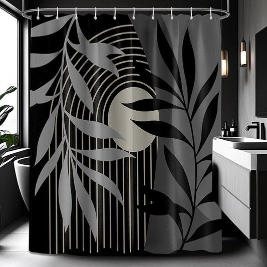 Boho Black and Grey Shower Curtain, Mid Century Modern Black and Gray Shower Curtains for Bathroom, Waterproof Fabric Set with Hooks, 60" W x 72" L (Pack of 1)