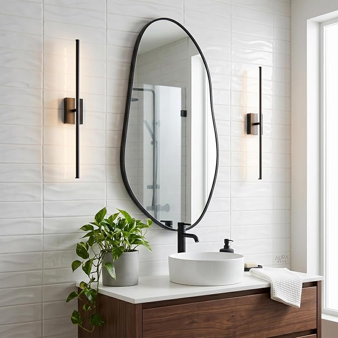 38 x 20 Inch Irregular Wall Mirror, Large Asymmetrical Black Decorative Mirror with Matte Aluminum Frame, Tempered Glass Organic Shape Mirror for Bathroom, Entryway, Living Room