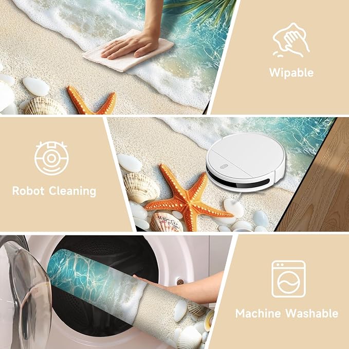 2'x3' Beach Rug Starfish Seashell Area Rugs for Entryway Bedroom Living Room Kitchen Home Decor Ocean Sea Wave Carpt 3D Non Slip Washable Throw Rug Coastal Seaside Floor Mat