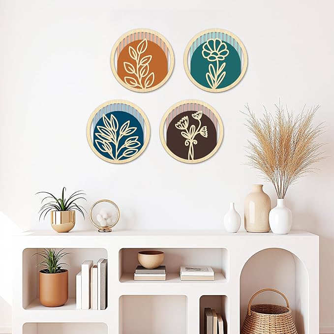 TOARTi 4Pcs Wooden Boho Floral Wall Art Set, Modern Minimalist Flower Wooden Hanging Sign,Bohemian Plants Artwork,Farmhouse Vintage Botanical Wall Decor for Living Room Bedroom Office Bathroom