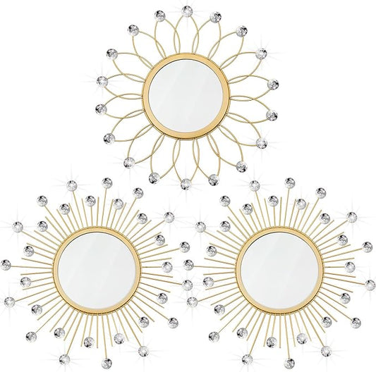 3 Pack Metal Mirrors for Wall Sunburst Wall Mirrors Home Décor Decorative Hanging Wall Art for Living Room Bedroom Entryway (Gold Crystal, Flower+Sunburst)