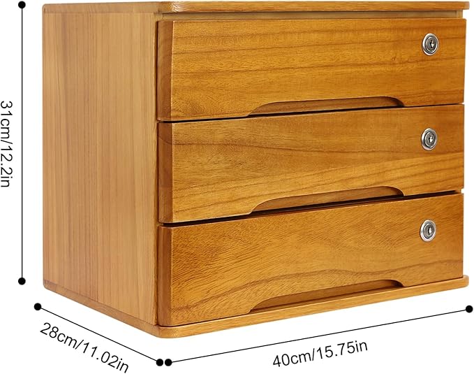 Desktop File Organizer with Lock, 2/3/4 Tier Multi-Drawer Wooden Storage Cabinet, Office Supply Organizer for Home Desk, Study & Workplace (Brown, 3 Layers)