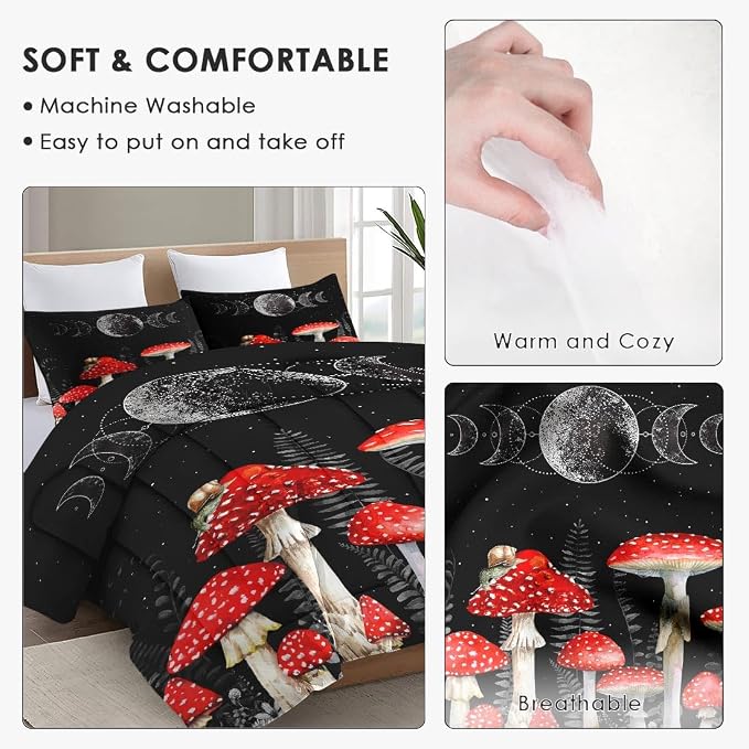 WeCozy Comforter Set Queen Size with 2 Pillowcases, Wildflower Dandelion Mushroom 3 Pcs Bedding for Kids and Adults, Summer Moon Flower Phases Soft Comforter Set for Bedroom Bed Decor