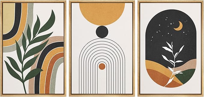 wall26 Framed Canvas Print Wall Art Set Boho Mid-Century Crescent Moon Plant Landscape Nature Abstract Modern Art Bohemian Decorative for Living Room, Bedroom, Office - 16"x24"x3 Natural