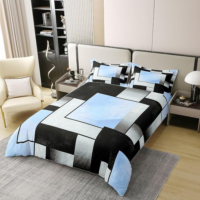 Erosebridal Blue Black Grey Bedding Set Queen Square Geometric 100% Cotton Duvet Cover Abstract Grid Patchwork Comforter Cover for Kids Teens Adults Contemporary Mid Century Bed Set 3 Pcs