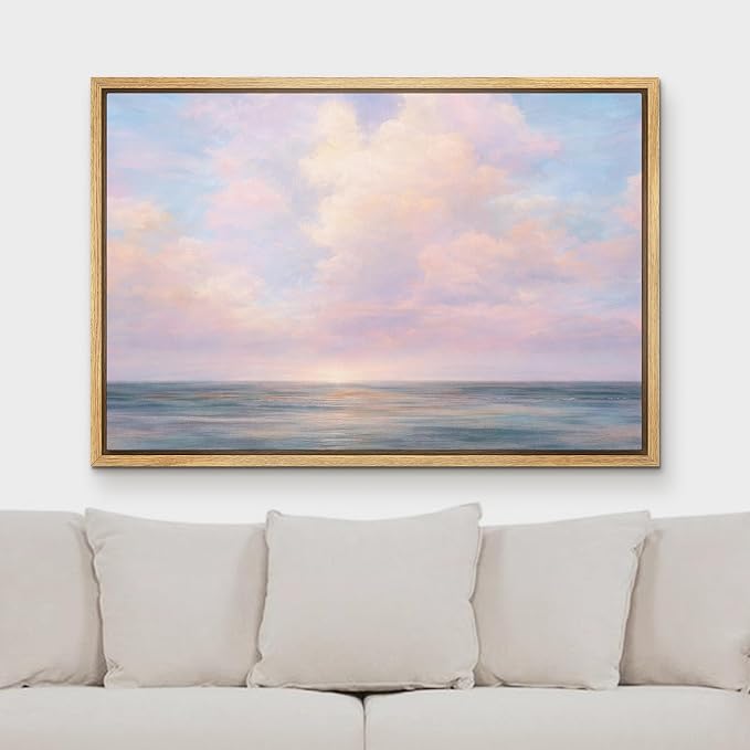 MUDECOR Framed Canvas Print Wall Art Serene Ocean Horizon with Soft Pink Clouds Illustrations Minimalism Decorative Bohemian Zen for Living Room, Bedroom, Office - 16"x24" NATURAL