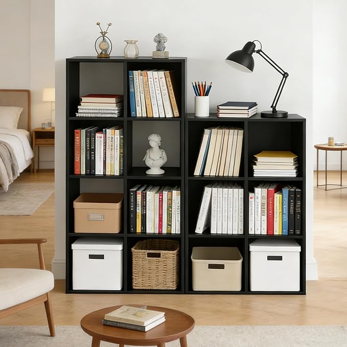 8 Cube Storage Organizer Shelf, Open Cube Bookshelf, Reversible Bookcase, Sturdy Modern Storage for Home Office, Bedroom, Living Room, Black