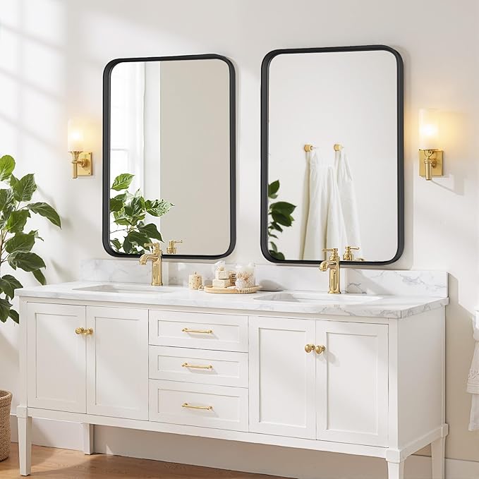 Bathroom Mirror 36x24 Inch Black Metal Frame Rectangle Vanity Mirror with Rounded Corners, Modern Wall Mounted Anti-Rust Mirror for Farmhouse, Restroom, Entryway, Horizontal or Vertical Hanging