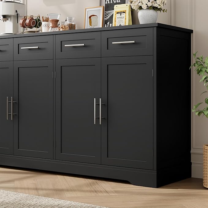 HOSTACK 60" Large Buffet Sideboard with Storage, 36" Tall Kitchen Buffet Storage Cabinet with 4 Drawer, Modern Coffee Bar Cabinet with Silver Handle, Long Sideboard Buffet Table for Kitchen, Black