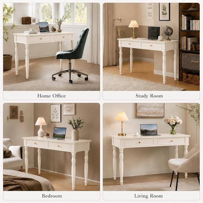 Walnut Writing Desks with Drawers, 47" Solid Wood French Country Style Computer Desk for Home Office, Living Room Study Workspace or Bedroom, Traditional Vanity Dressing Table