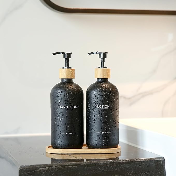 Black Soap Dispenser Bathroom Set, Bamboo Pumps & Tray, Hand Soap, and Lotion Dispenser Set Suitable for Bathroom Counter Decor. (Black)